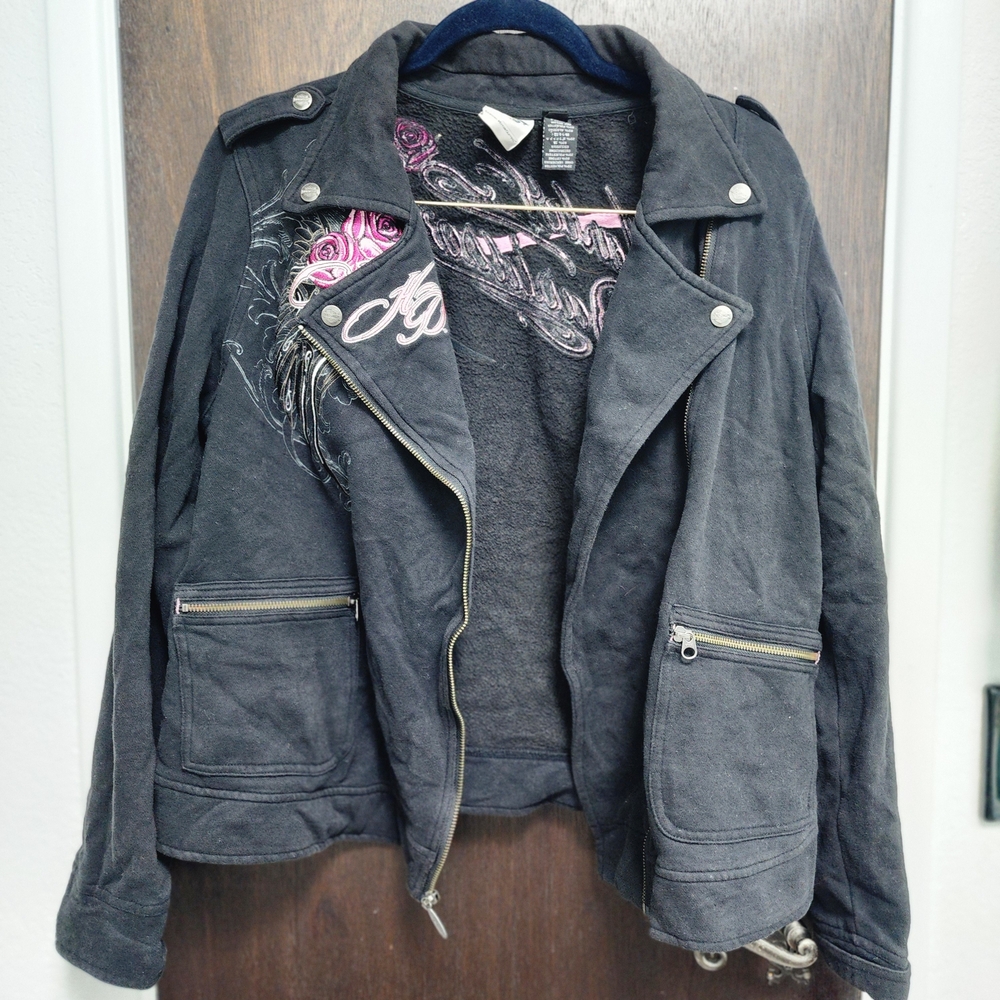 Assymetric Moto Rose Embroidered Harley Dsvidson Jacket XL - Picture 4 of 11